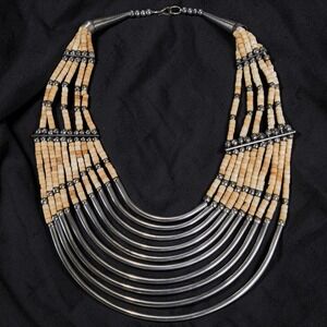 Vintage Indian Bone & White Metal Bib Necklace Tribal Boho Statement Ethnic